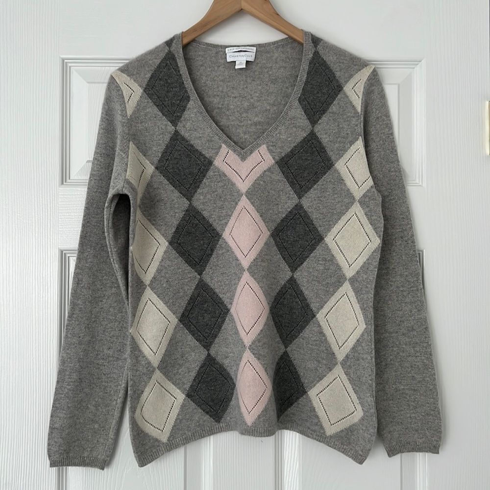 Charter Club 100% cashmere v-neck pullover sweater color gray rhombus Sz M
